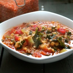 Spicy Chorizo Red Lentil Soup with Kale