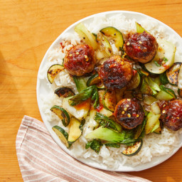 Spicy Curry Pork Meatballs with Garlic Rice & Vegetables