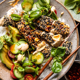 Spicy Ginger Sesame Crusted Salmon Bowls. 