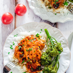 Spicy Honey Garlic Chicken Thighs with Rice and Broccolini