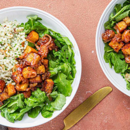 Spicy Mango Tempeh with Toasted Almond Couscous & Lemon Arugula