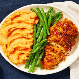 Spicy Maple Chicken with Mashed Sweet Potatoes & Roasted Green Beans