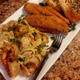 Spicy mustard fried catfish and pasta