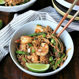 Spicy Peanut Noodles with Sesame Shrimp and Charred Asparagus