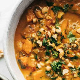 Spicy Peanut Soup with Sweet Potato + Kale