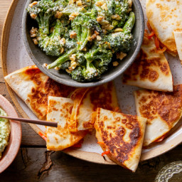 Spicy Pepper & Onion Quesadillas with Roasted Broccoli Salad