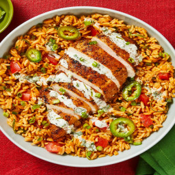 Spicy Peruvian Chicken and Loaded Rice with Pickled Jalapeño & Creamy Salsa