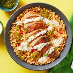 Spicy Peruvian Chicken with Loaded Rice, Pickled Jalapeño & Creamy Salsa Ve