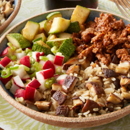 Spicy Pork & Rice Bowls with Shiitake Mushrooms & Summer Squash