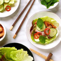 Spicy Pork Belly, Cucumber and Kimchi Lettuce Wraps
