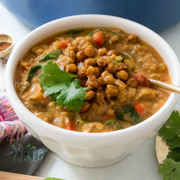 Spicy Red Lentil Veggie Stew with Crispy Chickpea Croutons