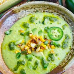 Spicy Roasted Corn and Jalapeno Avocado Soup