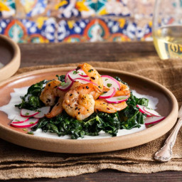 Spicy roasted shrimp with kale and ajo blanco sauce