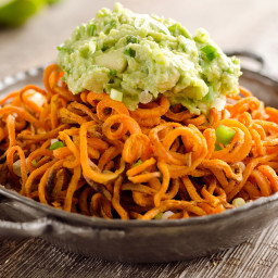 Spicy Roasted Sweet Potato Spirals with Guacamole