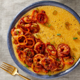 Spicy Shrimp & Grits with Cheddar Cheese Curds & Sweet Peppers