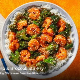 Spicy Shrimp & Broccoli Stir-Fry in a Sweet Chili Soy Glaze over Jasmine Ri