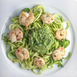 Spicy Shrimp Over Zoodles Smothered in Cilantro Avocado Sauce