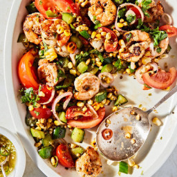 Spicy Shrimp With Blistered Cucumbers, Corn and Tomato