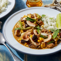 Spicy Summer Vegetable Curry with Toasted Coconut & Cilantro Rice