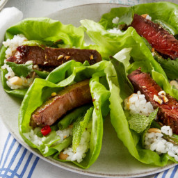 Spicy Thai Beef Lettuce Cupswith Green Beans and Sushi Rice