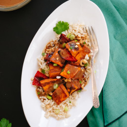 Spicy Thai Peanut Sauce over Roasted Sweet Potatoes and Rice