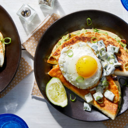 Spicy Zucchini Quesadillas with Crema-Dressed Poblano  & Fried Eggs