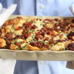 Spicy Breakfast Strata with Chorizo, Red Pepper, and Cheddar