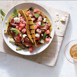 Spicy Flank Steak Tacos with Watermelon Salsa
