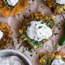 Spinach and Artichoke Corn Fritters with Brie and Sweet Honey Jalapeno Crea