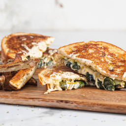 Spinach Artichoke Grilled Cheese with Hot Pepper Mayo & Oregano Fries