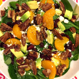 Spinach Salad With Candied Pecans, Dried Cranberries, Avocado, Feta and Ora