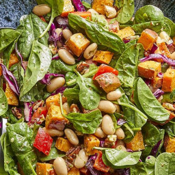Spinach Salad with Roasted Sweet Potatoes, White Beans & Basil