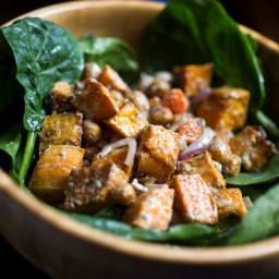 Spinach Salad With Roasted Vegetables and Spiced Chickpeas