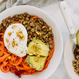 Spiralized Carrot and Lentil Bowl with Avocado and Poached Egg