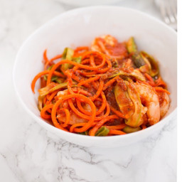 Spiralized Carrot Spaghetti with Shrimp and Shaved Asparagus