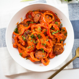 Spiralized Red Bell Peppers with Sundried Tomato Cream Sauce and Andouille 