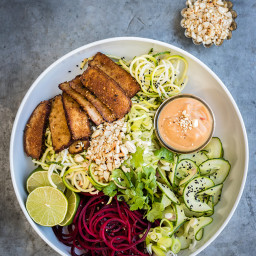 Spiralized Vegetable Noodles with Smoked Tofu and Spicy Peanut Sauce