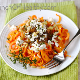 Spiralizer Sweet Potato with Goat Cheese, Caramelized Onion and Pine Nuts