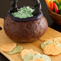 Spooky Spinach Dip in Bread Bowl Cauldron