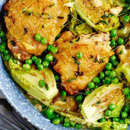 Spring chicken with braised lettuce and peas