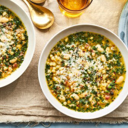 Spring Herbs Soup with Fregola and Pancetta