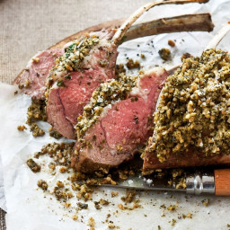 Spring lamb rack with caper and herb crust and rhubarb compote