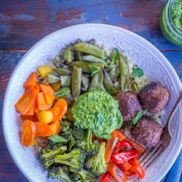Spring Vegetable and Meatless Meatball Bowls with Pesto
