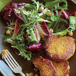 Squash and Chickpea Fritters with Winter Greens and Hazelnut Salad