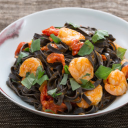 Squid Ink Linguine Pastawith Shrimp and Cherry Tomatoes
