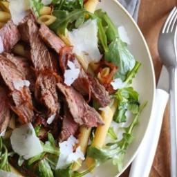 Steak and Caramelized Onions with Arugula and Penne