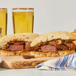 Steak, Cheddar & Glazed Mushroom Sandwiches with Potato Wedges & Ca