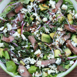 Steak salad with blue cheese, avocado and basil balsamic dressing