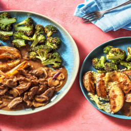 Steak Strips, Cheesy Wedges 'n' Posh Gravy with Roasted Broccoli