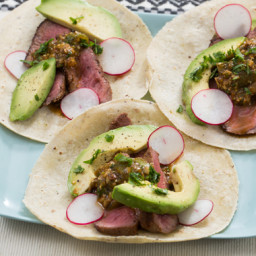 Steak Tacos and Mole Verdewith Radishes and Avocado